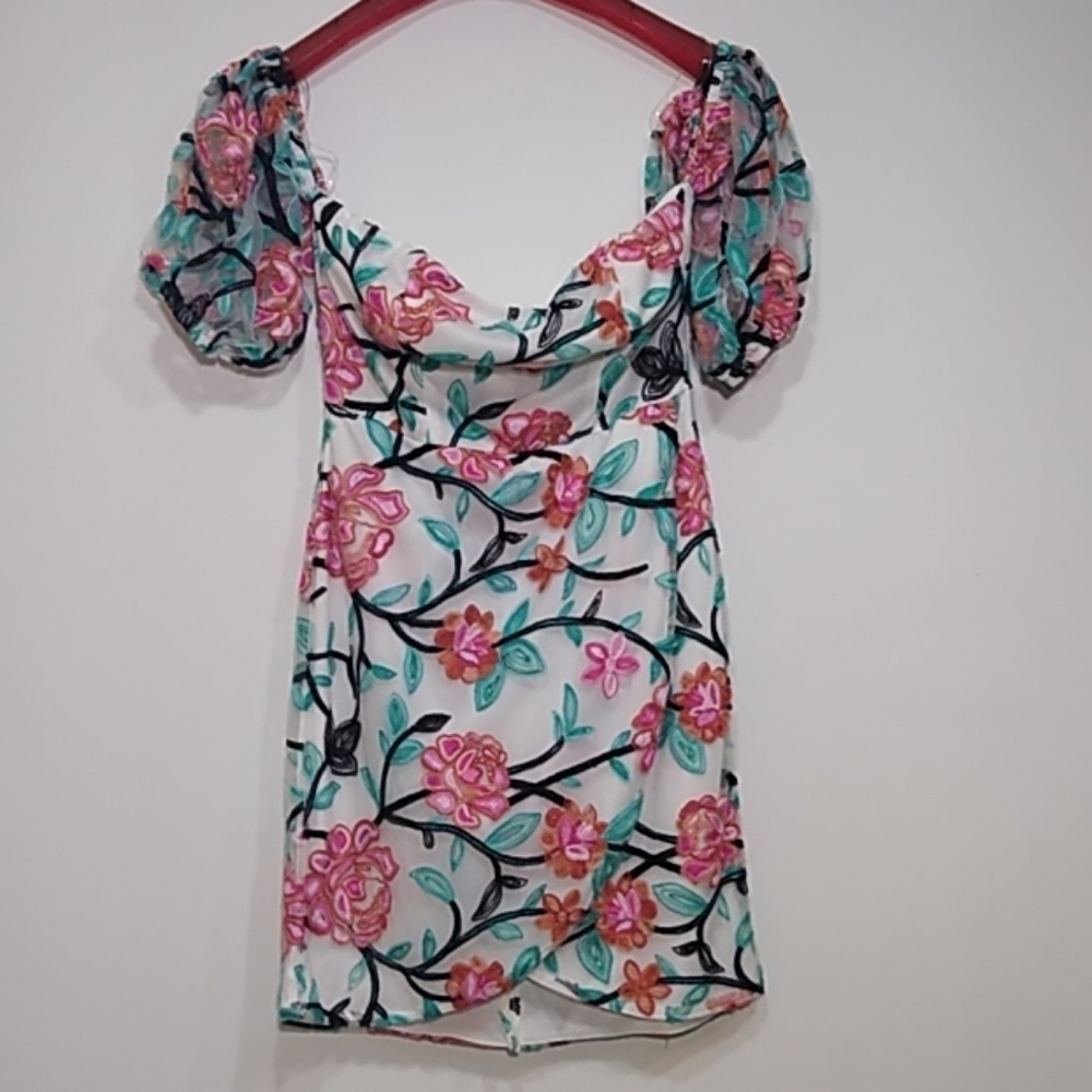 Mocha embroidery off shoulder floral mesh dress